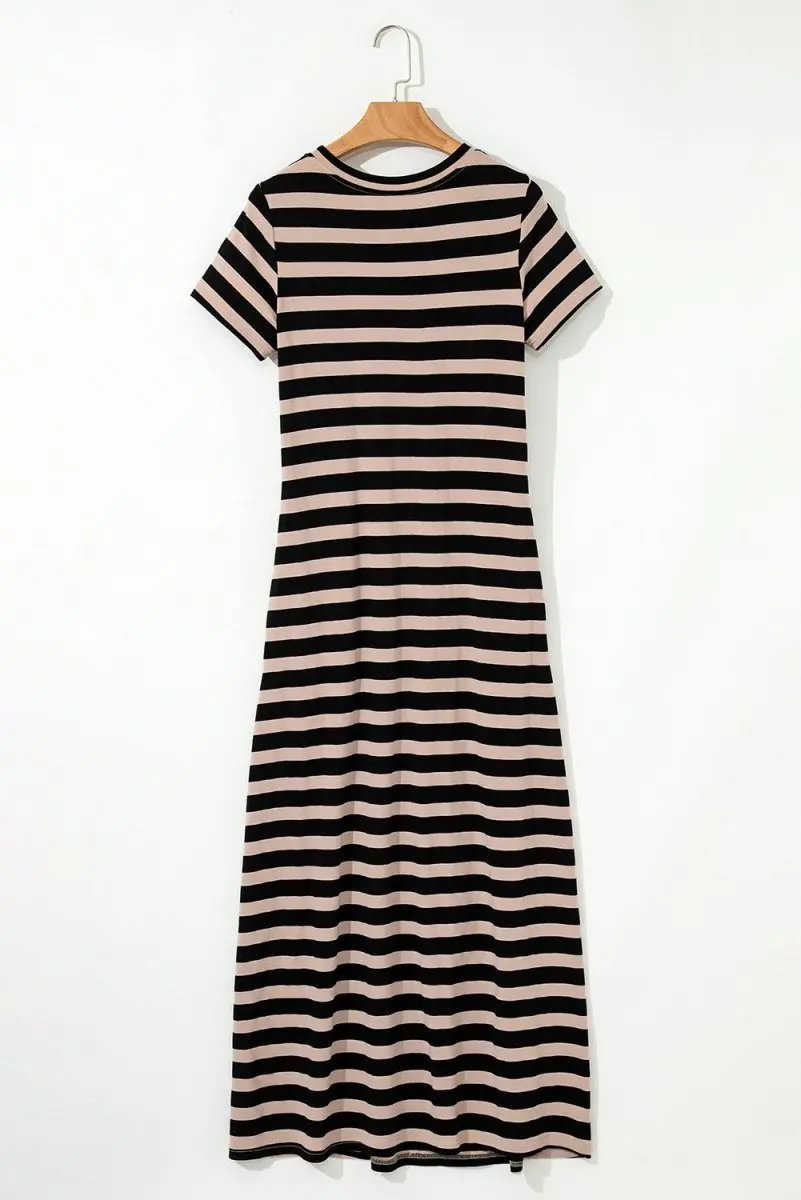 Black Stripe Casual Round Neck T-shirt Maxi Dress with Pockets - Love Salve